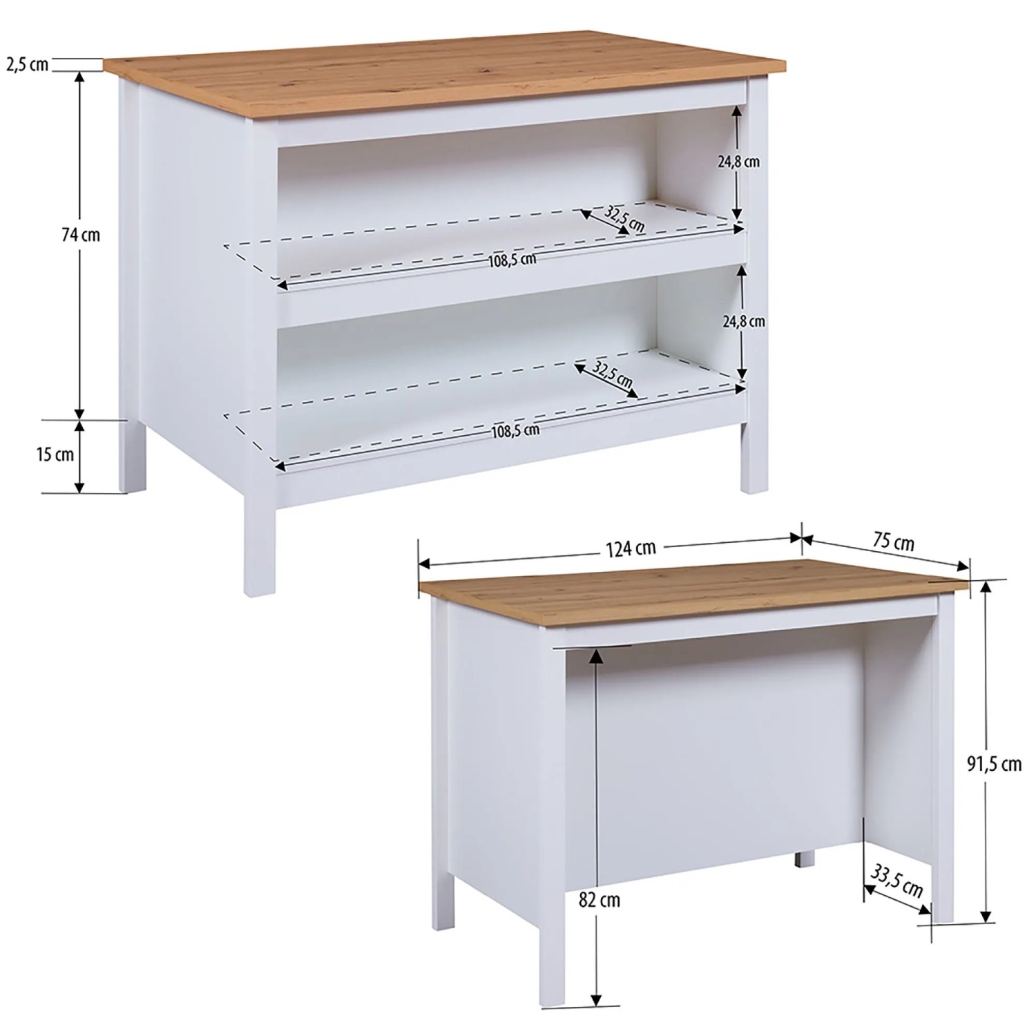 Kücheninsel Julina, weiß mit Holzplatte, mit Maßangaben. Küchenunterschrank mit Platz für Barhocker.