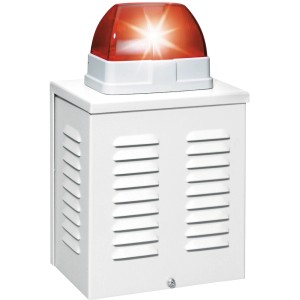Abus Kombisignalgeber-Attrappe SG3210 zur Abschreckung von Einbrechern. Attrappe mit rotem Blitzlicht auf weißem Gehäuse.