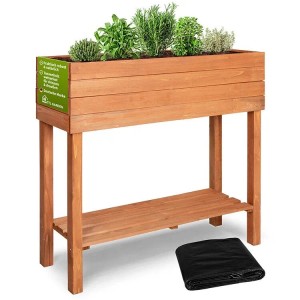 TTL GARDEN Hochbeet Pflanzkasten aus Tannenholz mit Ablagefach, bepflanzt mit Kräutern.