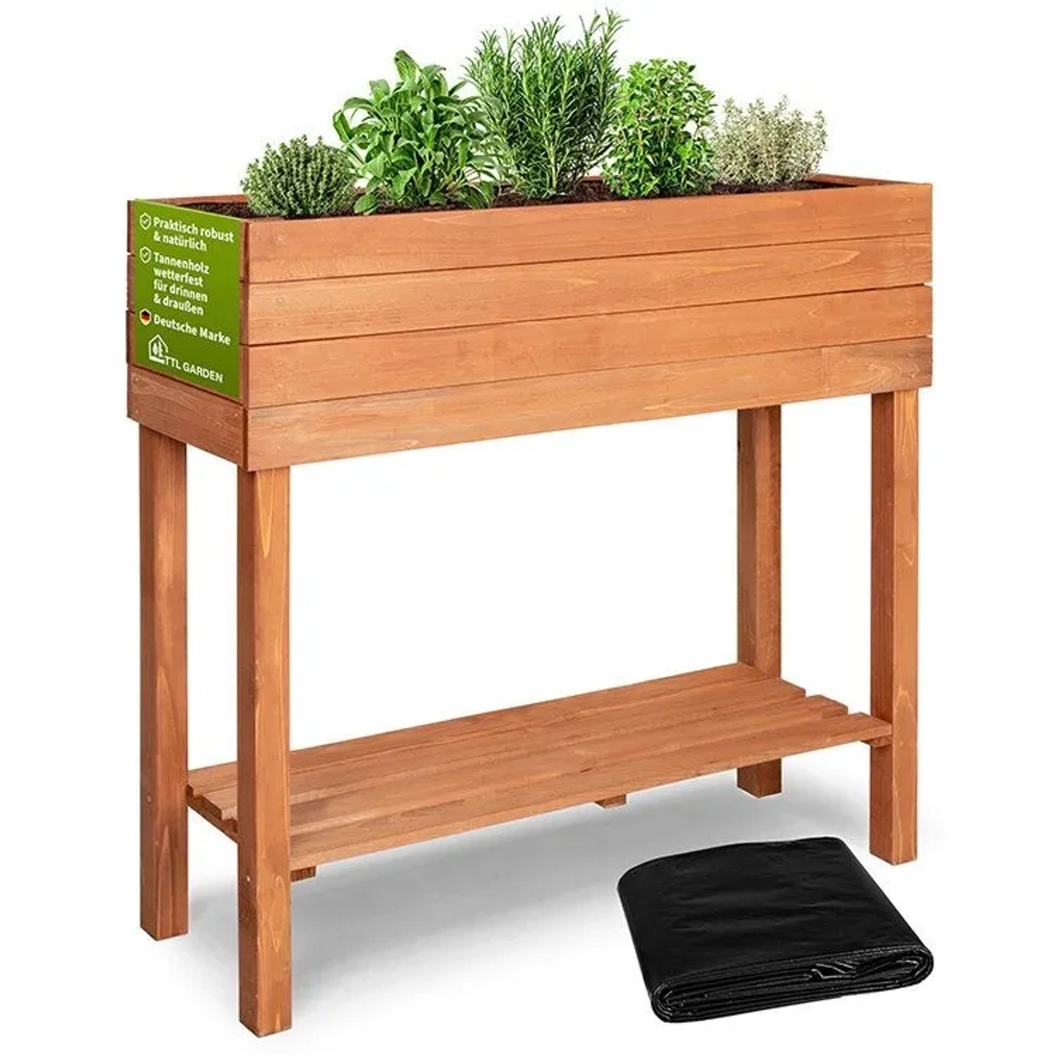 TTL GARDEN Hochbeet Pflanzkasten aus Tannenholz mit Ablagefach, bepflanzt mit Kräutern.