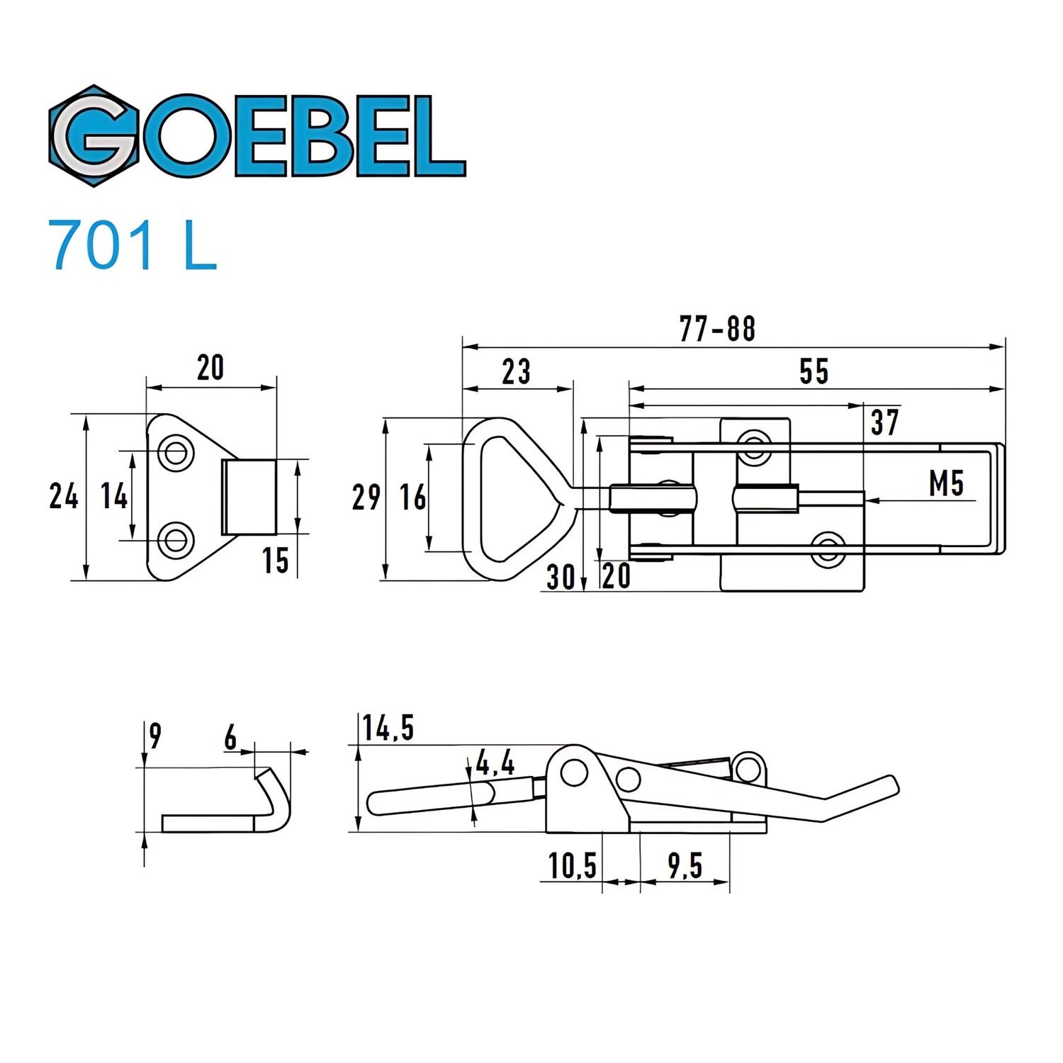 Technische Zeichnung: Goebel Exzenterverschluss 701L aus Edelstahl A4 mit Maßen für Koffer, Kisten und mehr.