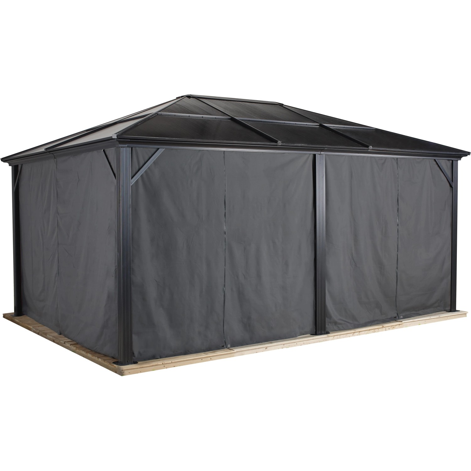 Anthrazitfarbenes Vorhang-Set für Sojag Pavillon Meridien 12x16, schließt alle Seiten.