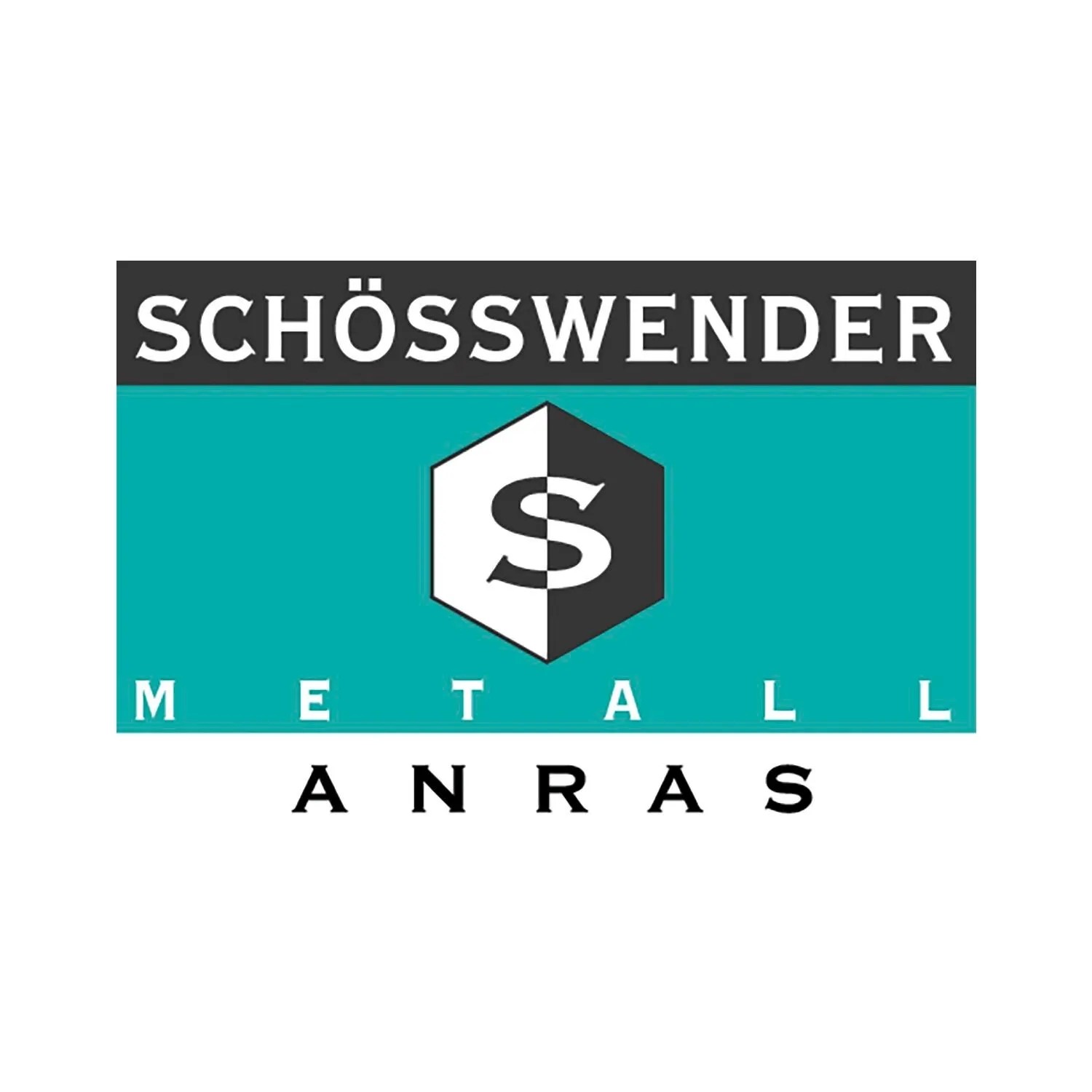 SCHÖSSWENDER Logo für Handlaufträger: Weißer Schriftzug auf schwarzem Balken, türkiser Hintergrund mit S-Symbol.