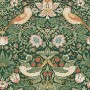 Grüne Vliestapete mit Erdbeeren, Vögeln und Blumen im Stil von William Morris.