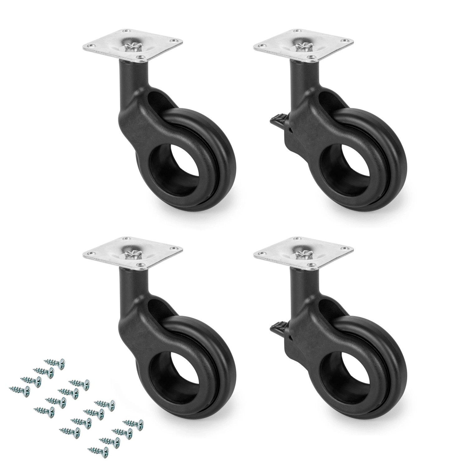 Emuca Lot von 4 Rollen Hole 2 mit Montageplatte Durchmesser 60 mm Stahl und Kunststoff Schwarz Lackiert
