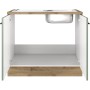 Flex-Well Spülenschrank in Schilfgrün/Artisan Eiche mit offener Front und Edelstahlspüle.