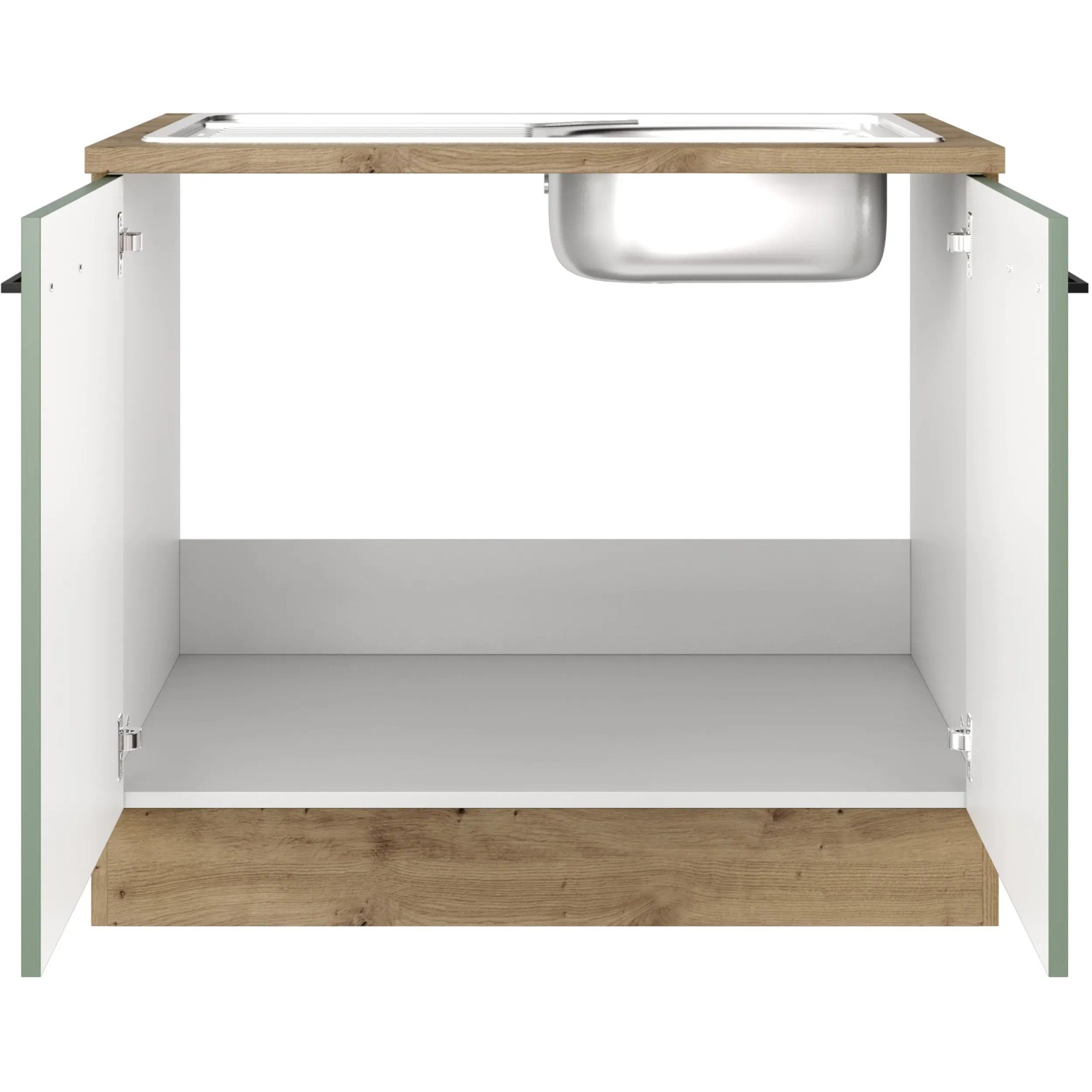 Flex-Well Spülenschrank in Schilfgrün/Artisan Eiche mit offener Front und Edelstahlspüle.