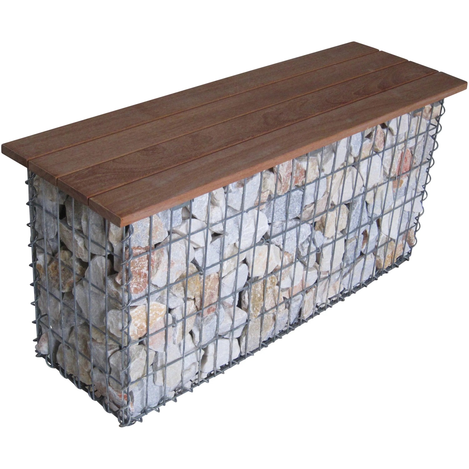 Gabiona Gabionenbank mit Cumaru-Holz, 105x50x30cm, Maschen 5x5cm. Steinkorb-Bank für Garten & Terrasse.