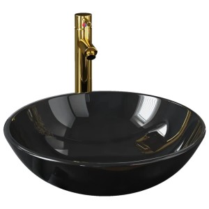 Schwarzes vidaXL Waschbecken mit goldenem Wasserhahn und Ablaufgarnitur für das Badezimmer.