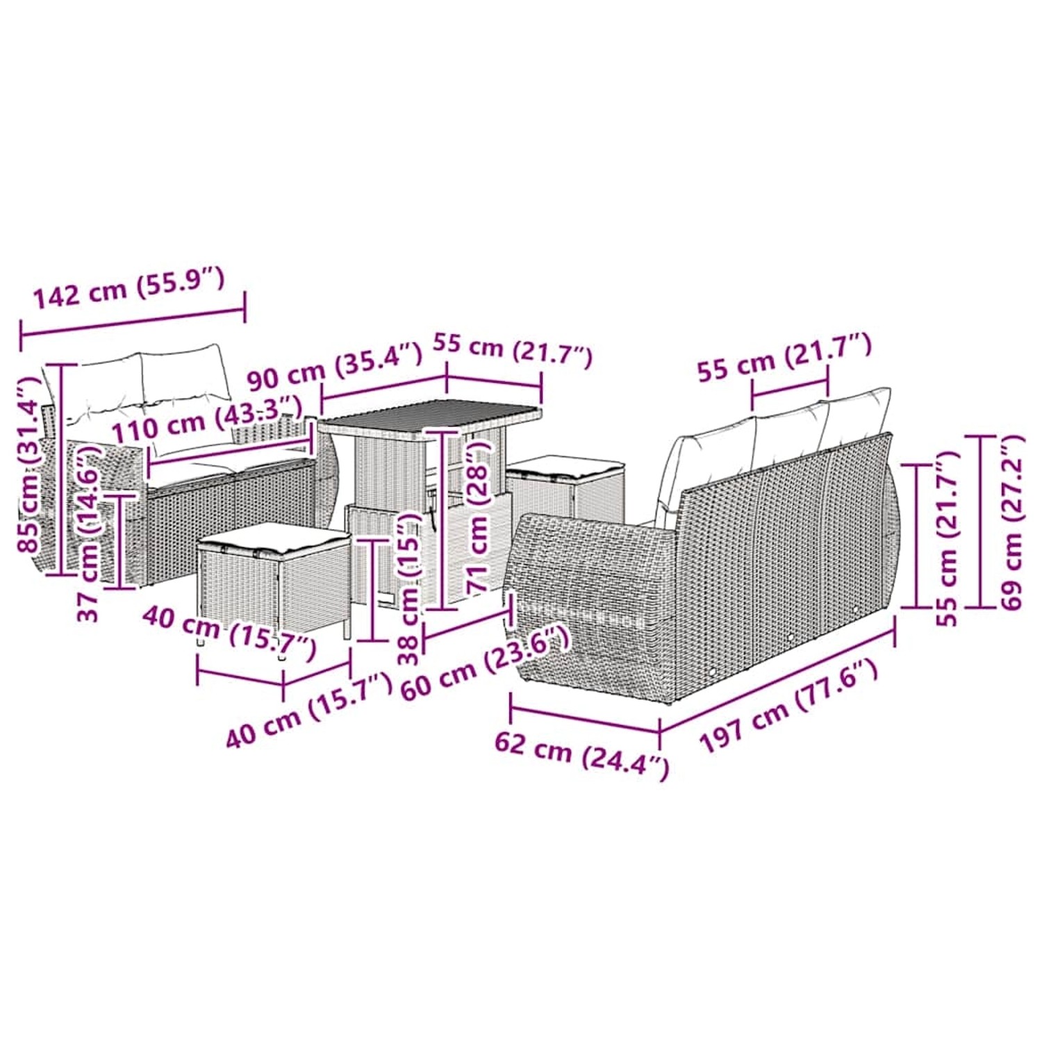 vidaXL Gartenmöbel-Set, 8-teilig, schwarz, Poly Rattan, mit Sofa, Sesseln, Hockern und Tisch. Ideal für Terrasse und Garten.