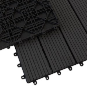 Anthrazitfarbene WPC Terrassenfliesen (11er-Set) mit Klicksystem und Holzdielenoptik.