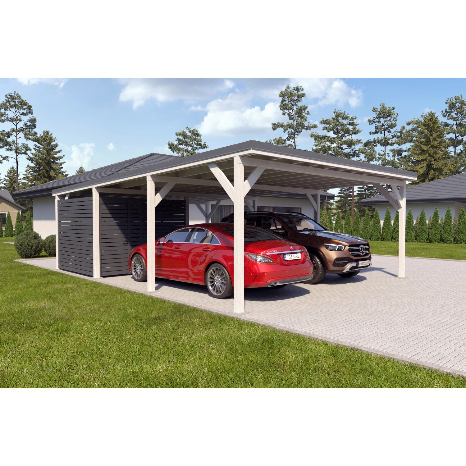 Holzbrüder Carport Ralf 52m² mit kl. Geräteraum Weiß-Dunkelgrau günstig online kaufen