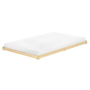 Überlanges Kiefer Massivholzbett 140x220 mit Rollrost, Modell 47. Niedriges Bodenbett.