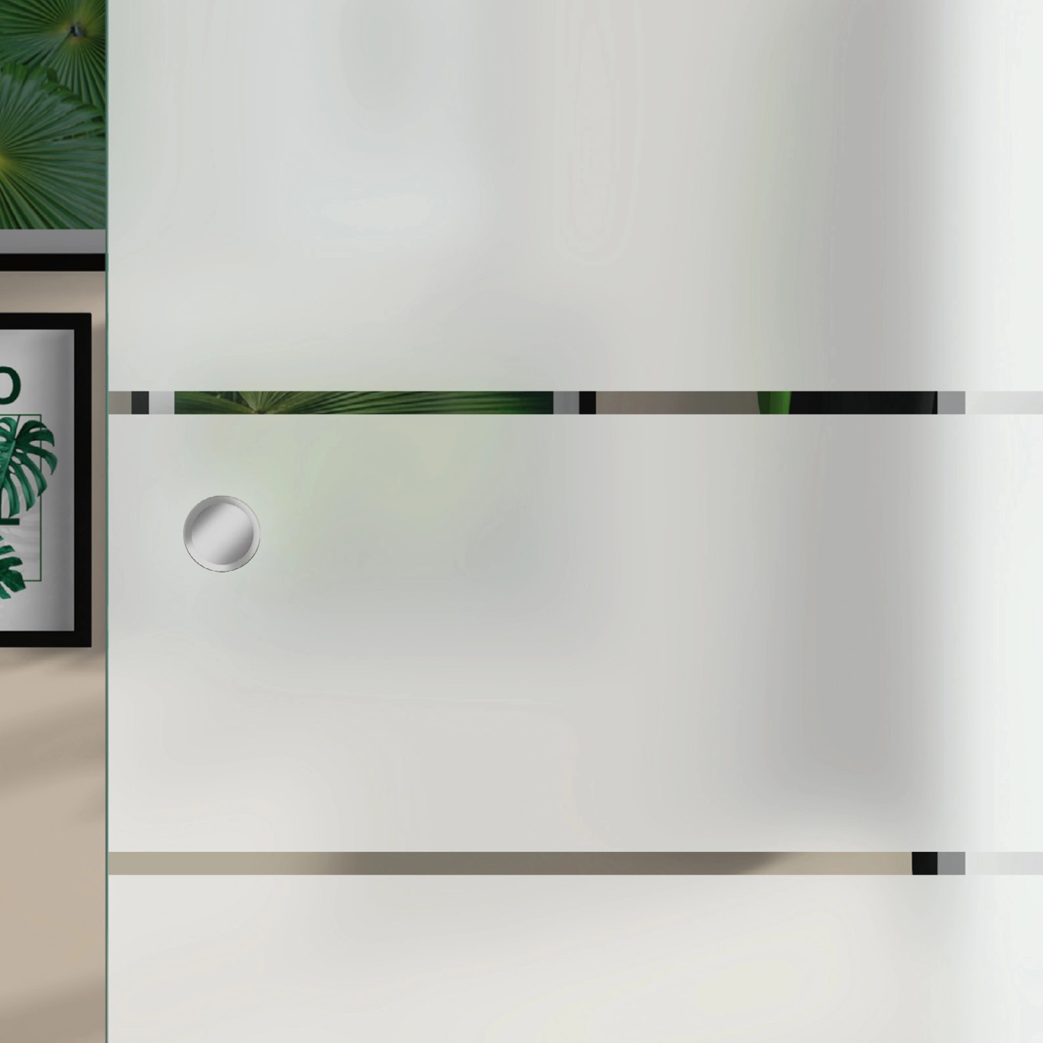 ESG Glasschiebetür mit satiniertem Siebdruck Dekor und klaren Streifen, inklusive Griff.