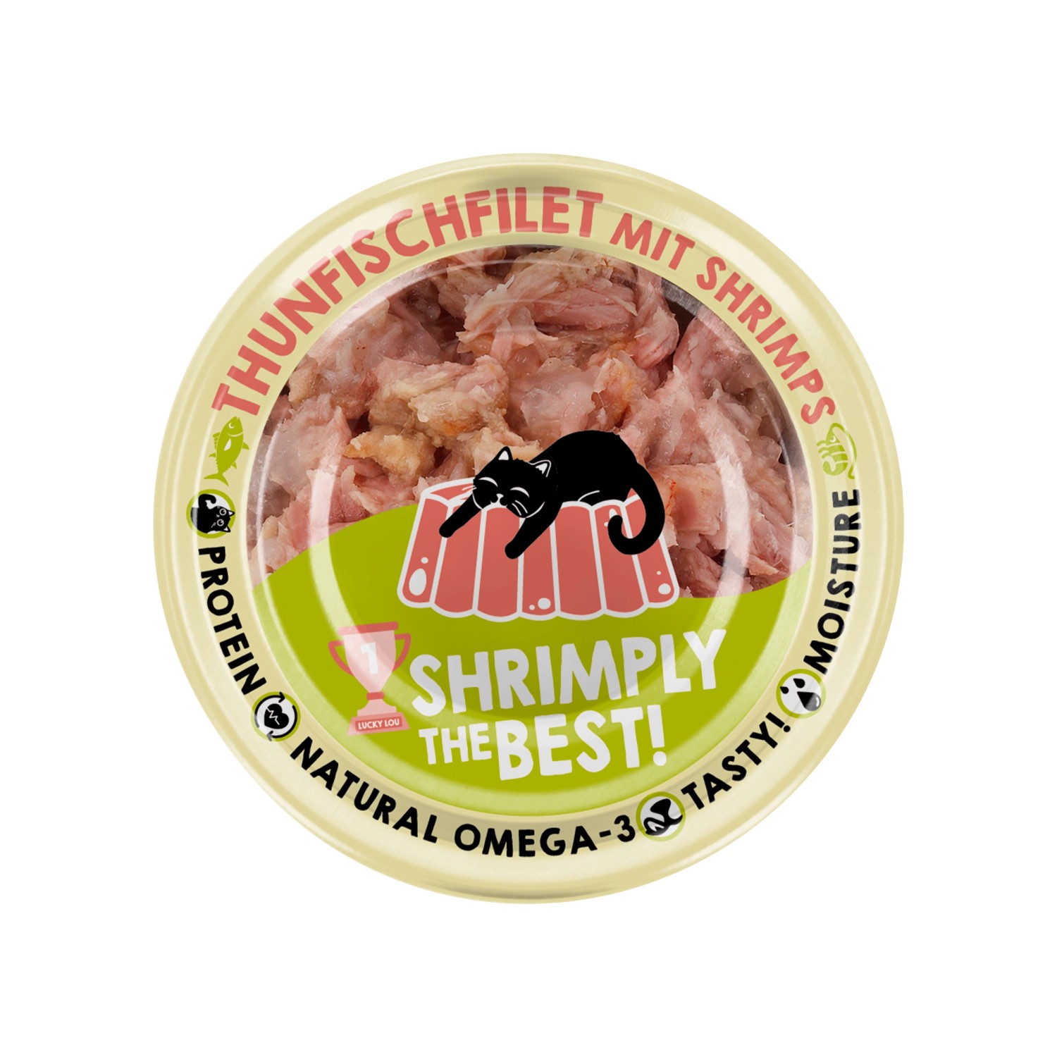 Lucky Lou Katzen-Nassfutter Thunfisch & Shrimps in Jelly, 70g Dose. Katzenfutter mit Fisch.