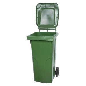 Grüne 120L Proregal Mülltonne mit Rädern und offenem Deckel, aus HDPE-Kunststoff.