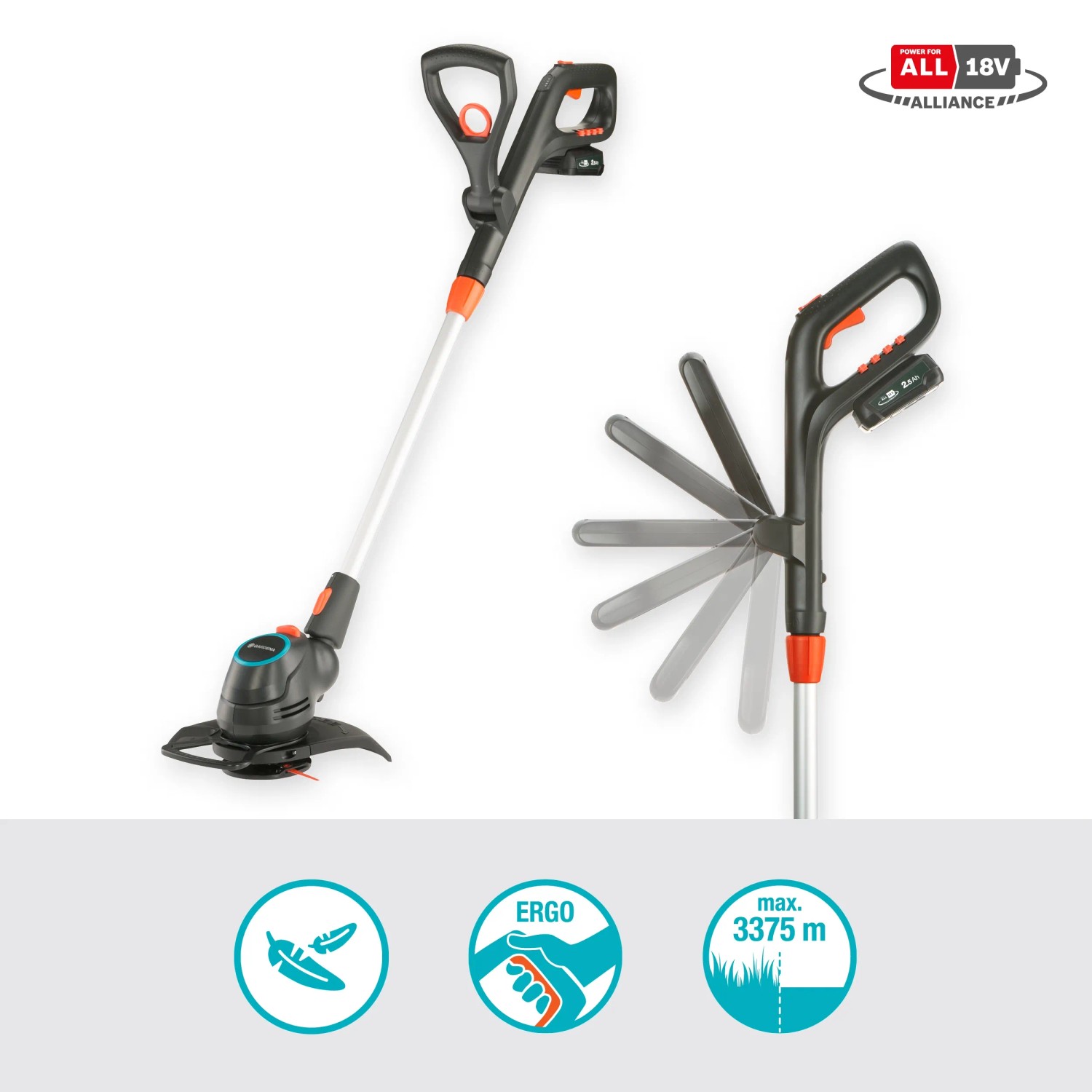 Gardena Akku-Rasentrimmer ComfortCut 23/18 mit Akku und Ladegerät, schwenkbarer Trimmerkopf.