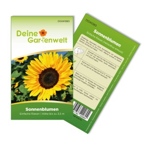 Samenpackung 'Deine Gartenwelt Sonnenblumen Einfache Riesen' mit gelber Sonnenblume.