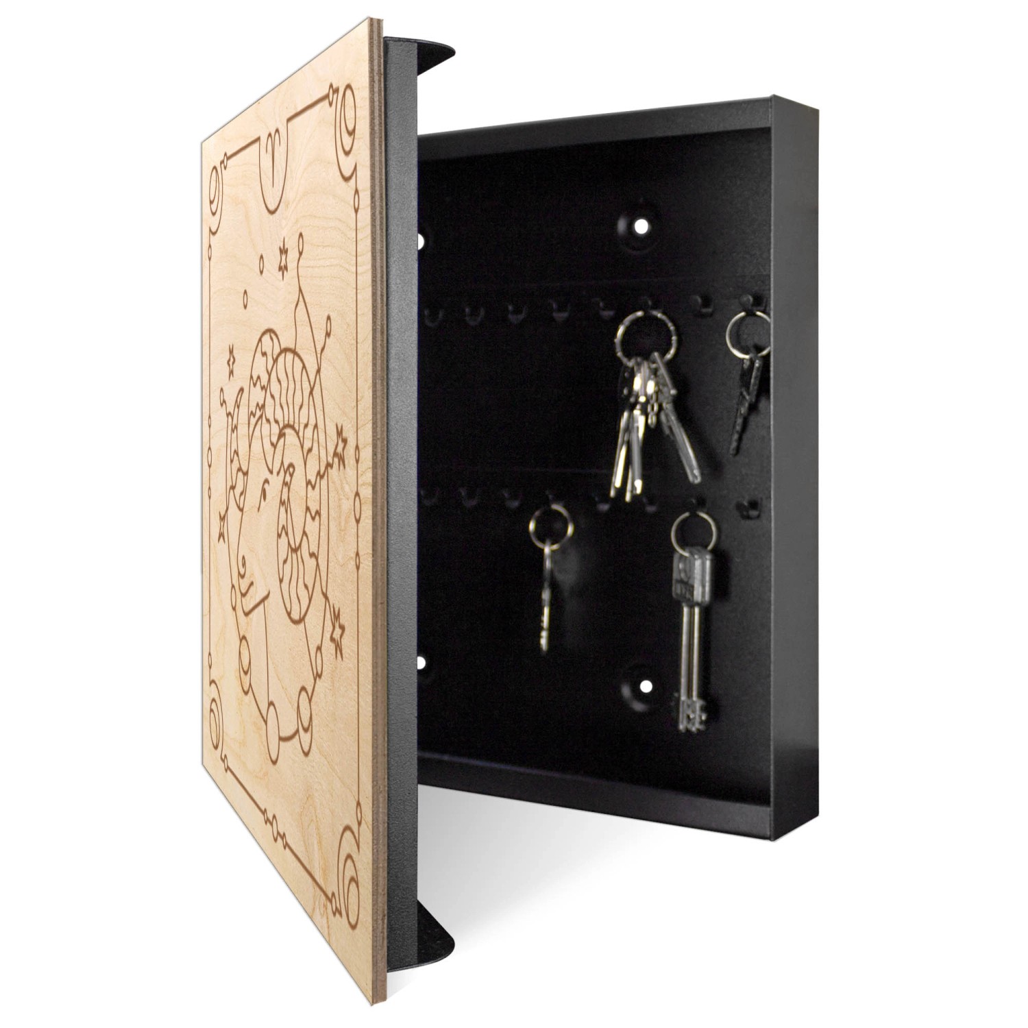 Schwarzer Schlüsselkasten aus Holz mit Widder-Motiv, 50 Haken zur Schlüsselaufbewahrung.