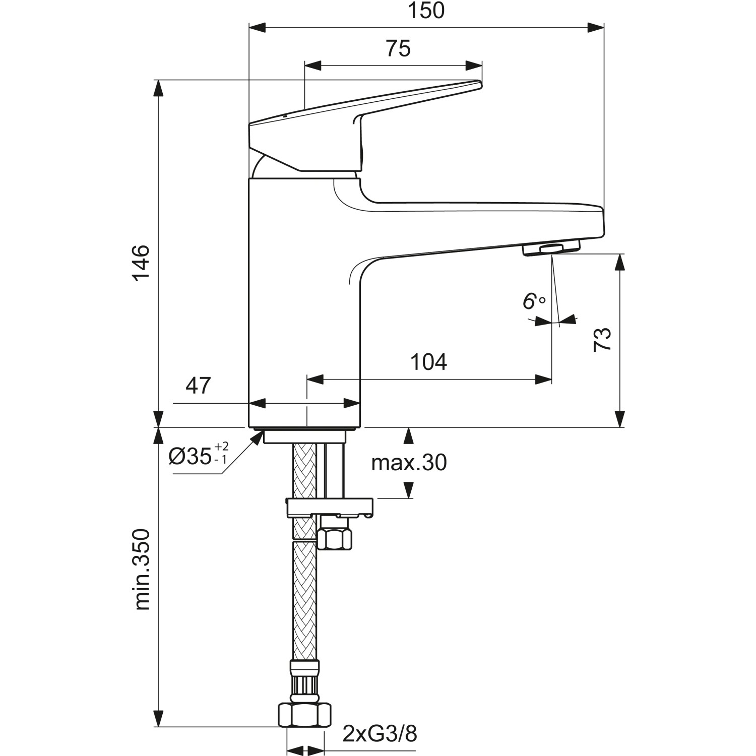 Technische Zeichnung: Ideal Standard Ceraplan Waschtischarmatur Chrom, Maße und Anschlüsse.
