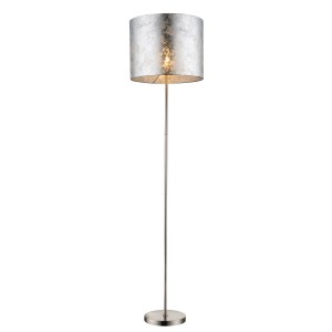 Globo Stehleuchte Amy I, Nickel matt, mit zylindrischem Schirm. Elegante Stehlampe für Wohnräume.