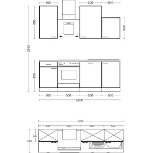 Skizze einer Flex-Well Classic Küchenzeile Nano 220 cm in Buche mit Maßen.