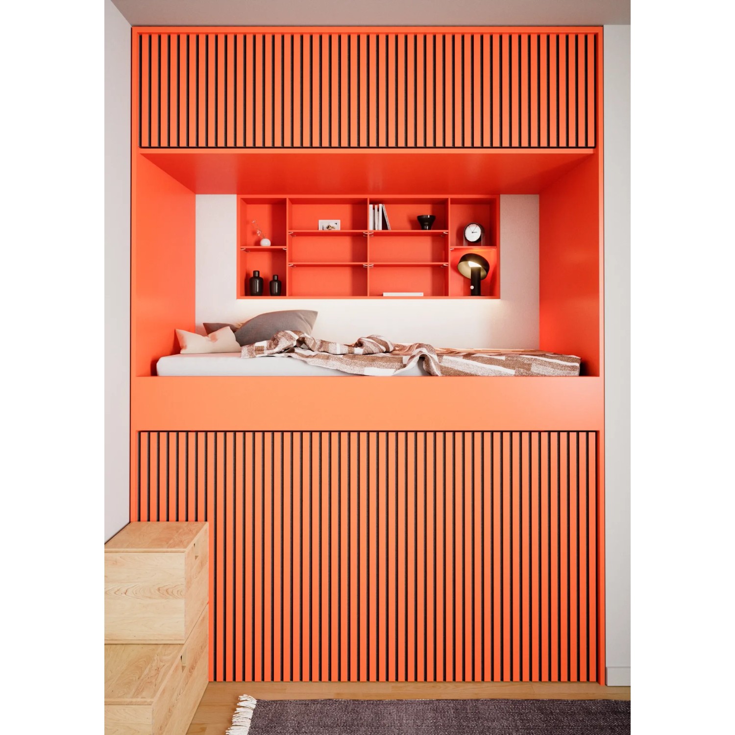 Orangefarbenes Akustikpaneel-Muster Linoleum mit schwarzen MDF-Leisten und Filz für Wand- und Deckenverkleidung.