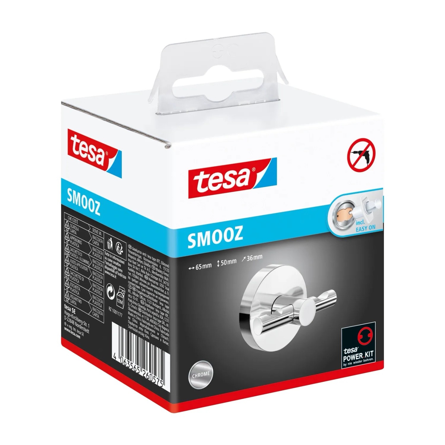 Verpackung des Tesa Smooz Handtuchhakens, verchromt, mit Klebelösung. Badaccessoire zur Wandmontage.