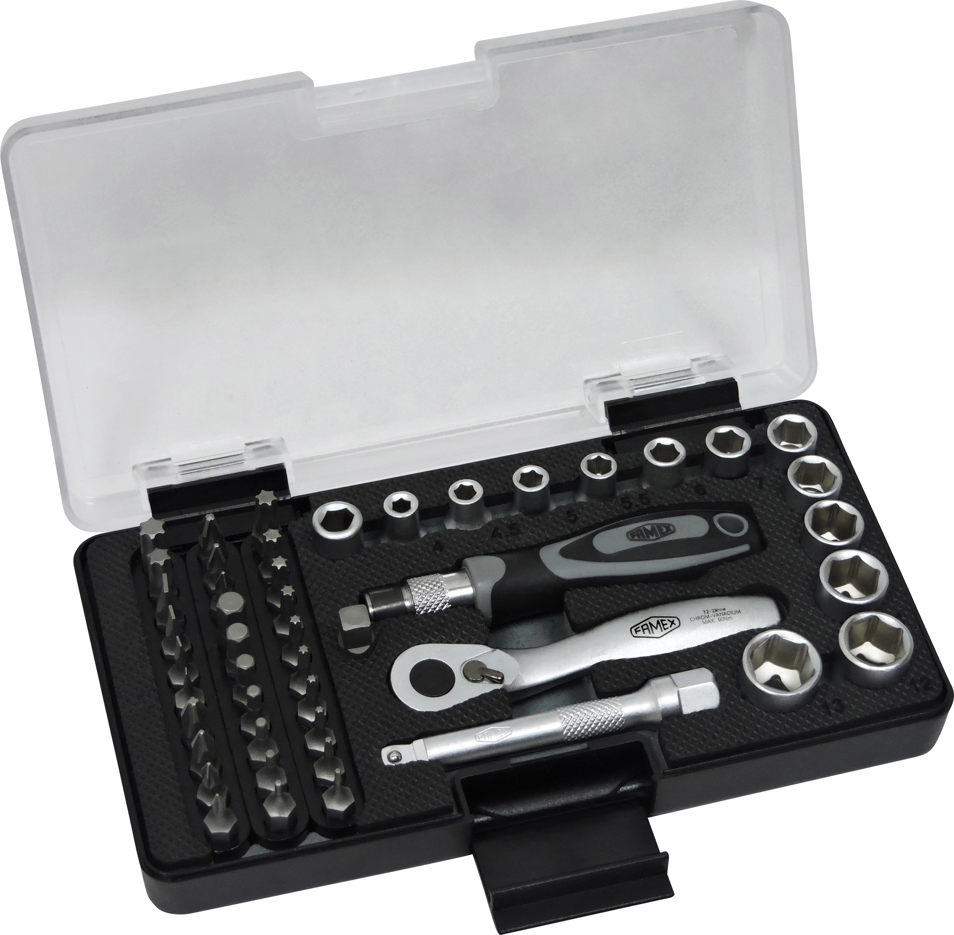 Famex Steckschlüssel und Bitsatz 594-38 mit Mini-Knarre 47-teilig