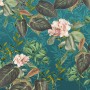 Komar Vliesfototapete Jacinta: Detailansicht mit Blumen und Blättern auf blaugrünem Hintergrund.