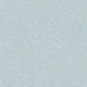 Schimmernde Barock Tapete in Mint, Grau und Silber mit Ornament Muster.