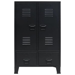 Schwarzer Metall Kleiderschrank im Industrie-Stil mit 2 Türen und Schubladen.