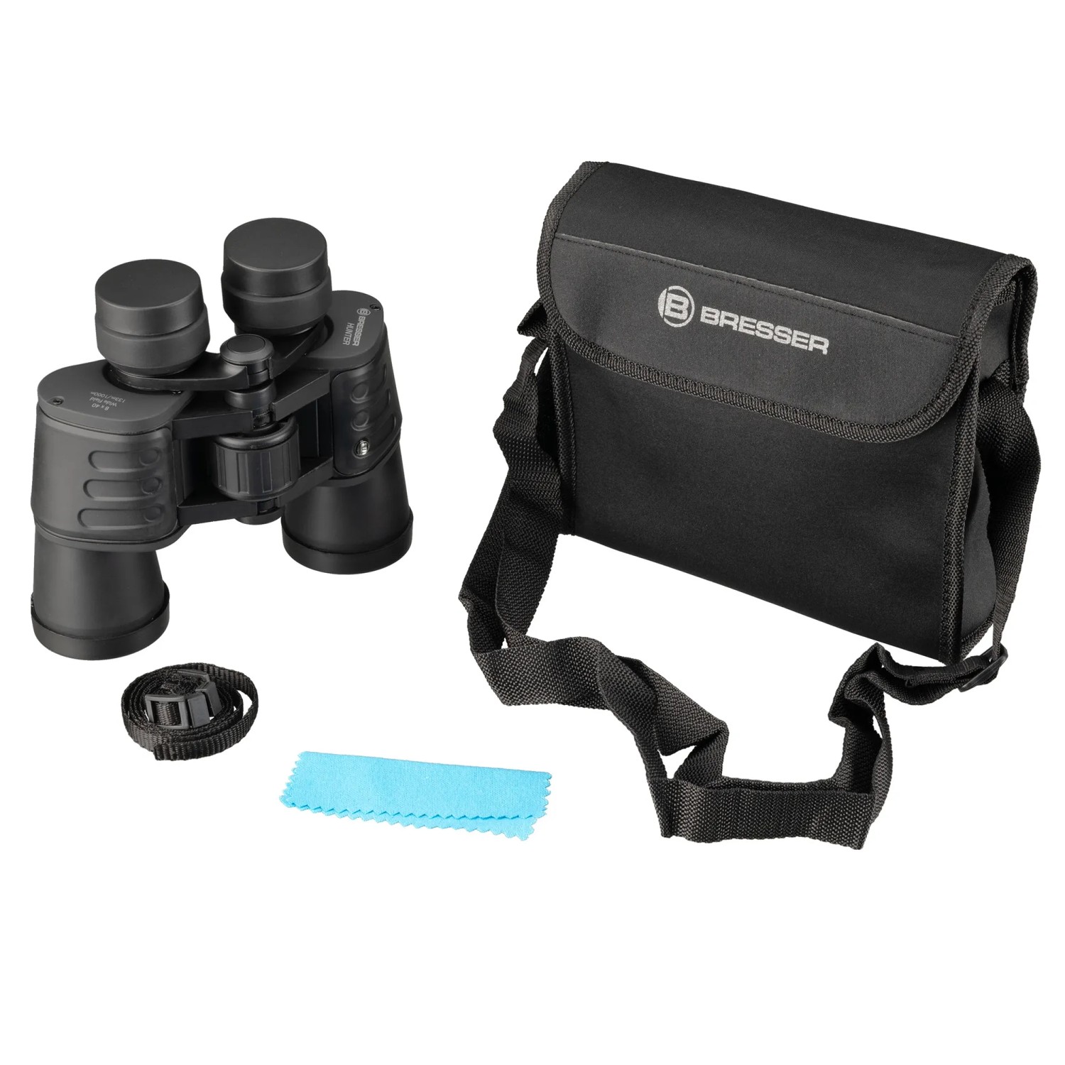 Schwarzes Bresser Hunter 8x40 Fernglas mit Tasche, Trageriemen und Reinigungstuch.
