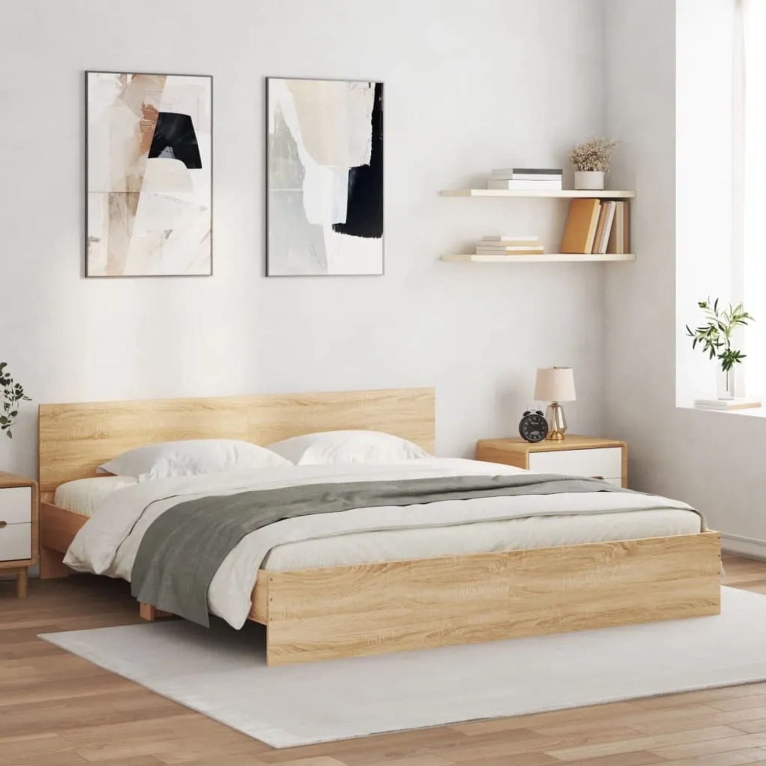 Bettgestell Sonoma-Eiche (180x200 cm) mit Kopfteil im Schlafzimmer.