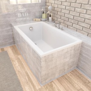 Weiße Rechteck-Badewanne CAPRI 120x70 mit Wannenträger und Ablauf in modernem Bad. Acrylwanne für entspannende Bäder.