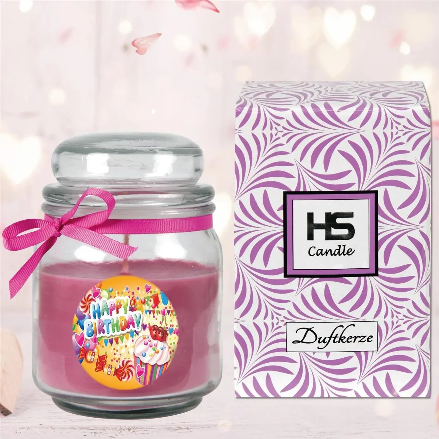 HS Candle Duftkerze Happy Birthday Lavendel Cupcake im Glas mit Schleife und Geschenkverpackung.
