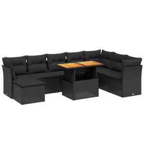 Schwarze 9-tlg. vidaXL Garten-Sofagarnitur aus Poly Rattan mit Tisch und Kissen.