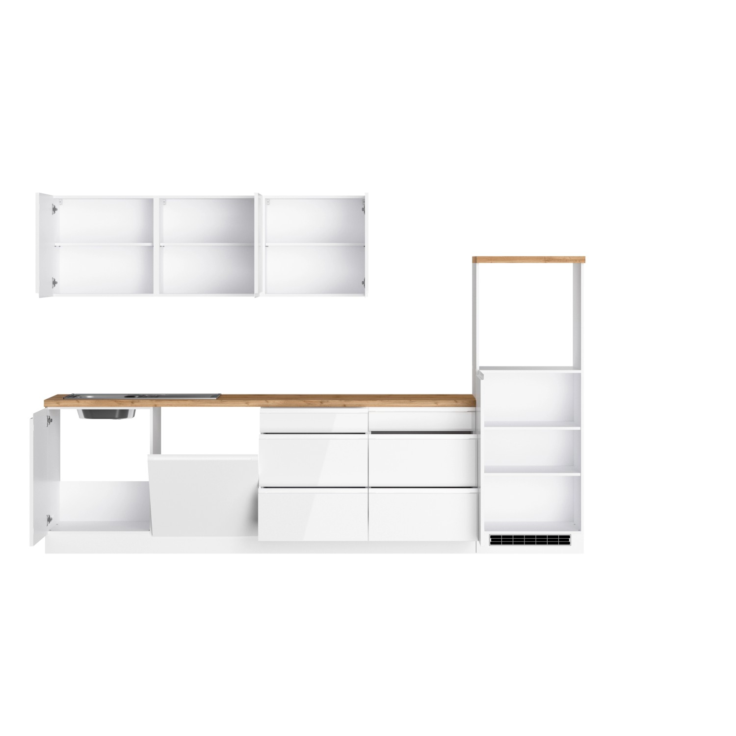 Moderne Küchenzeile Gera 300 cm in Weiß/Wotan Optik, ohne E-Geräte. Einbauküche mit Hochglanzfronten und Arbeitsplatte.