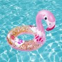 Glitzernder Bestway Schwimmring mit Flamingo-Design im Wasser.