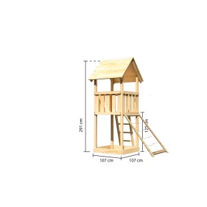 Karibu Spielturm Lotti, naturbelassen, mit Sandkiste, Netzrampe und Maßen.
