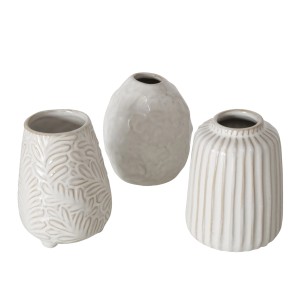 Boltze Vasen Set Ortega, 3 weiße Deko-Vasen mit Reliefmuster, 11cm hoch.