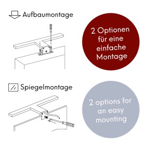 Montagearten der LED Badleuchte: Aufbau- und Spiegelmontage mit Schraubendreher dargestellt.