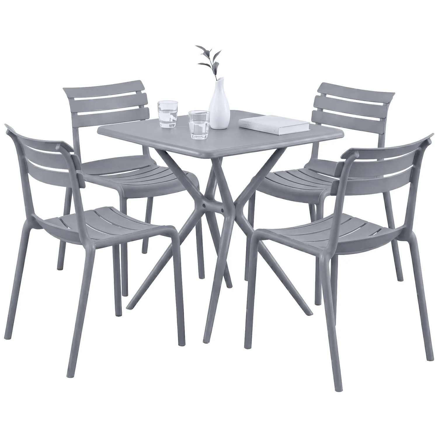 DELUKE Gartenmöbel-Set KLARA mit 4 Stühlen 190x190x82cm Kunststoff Grau Balkonset Gartenset Tisch mit Stühlen Bistroset Outdoor