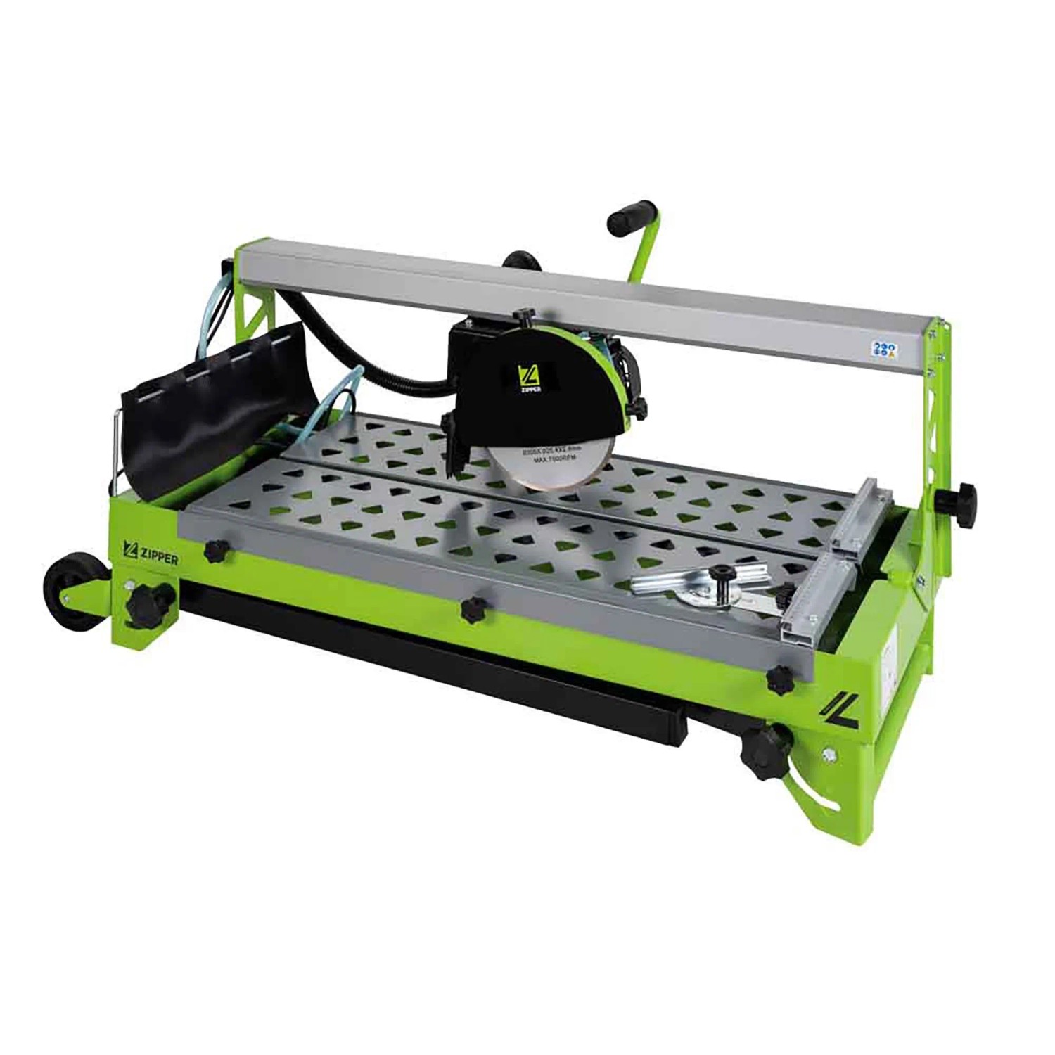 Zipper Fliesenschneidmaschine ZI-FS200-720 grün-silber, mit Diamantscheibe und Transporträdern.
