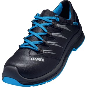 Uvex Halbschuh Trend S3 Gr. 43: Schwarzer Arbeitsschuh mit blauen Schnürsenkeln und Akzenten.