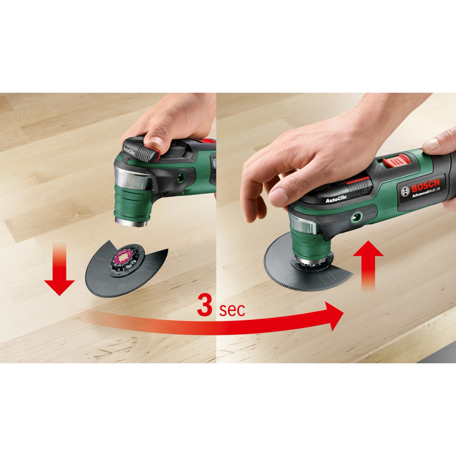Bosch AdvancedMulti 18V: Akku-Multifunktionsgerät mit Zubehörwechsel in 3 Sekunden.