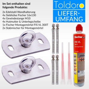Toldoro Wandhalterungs-Set für Sonnensegel & Hängematten, inkl. Montagemörtel und Zubehör.