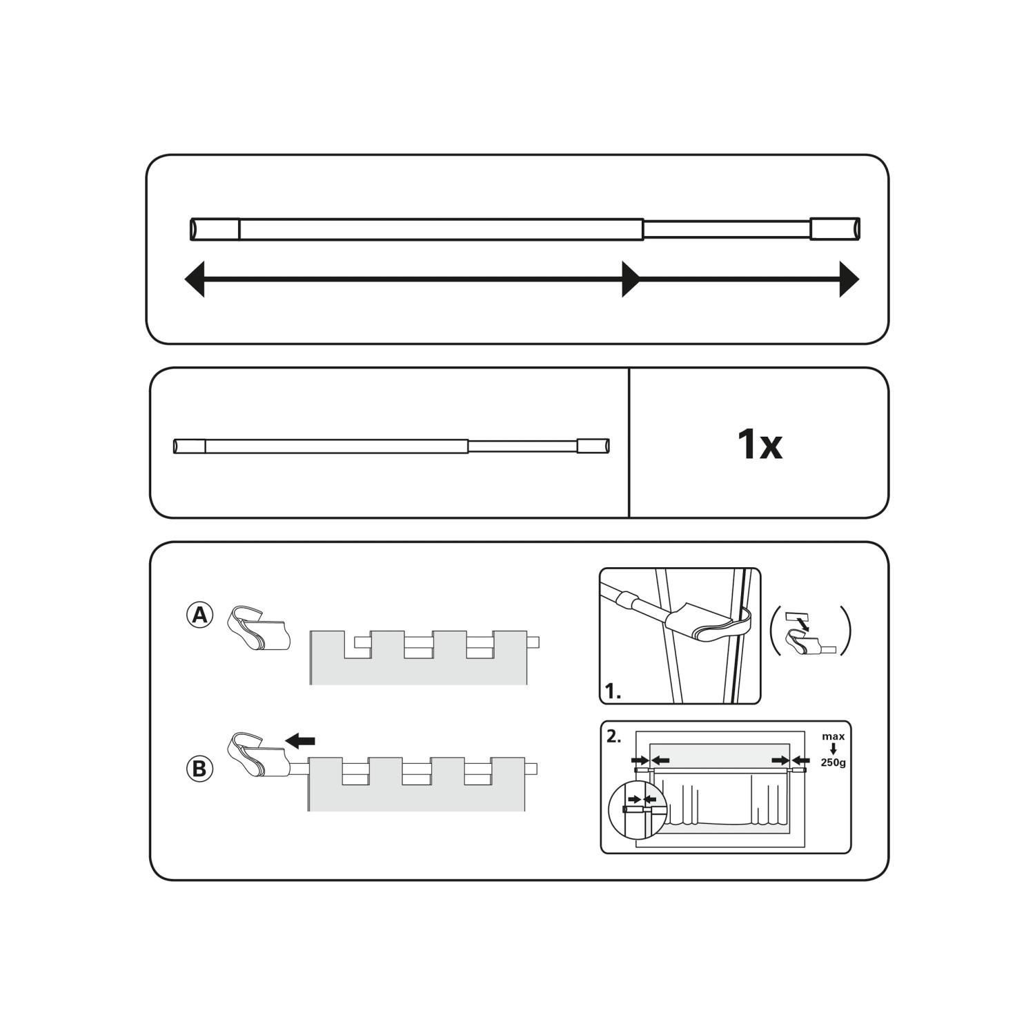 Montageanleitung für Gardinia Klemmvitrage, silberne Vitragestange mit Montagehinweisen.