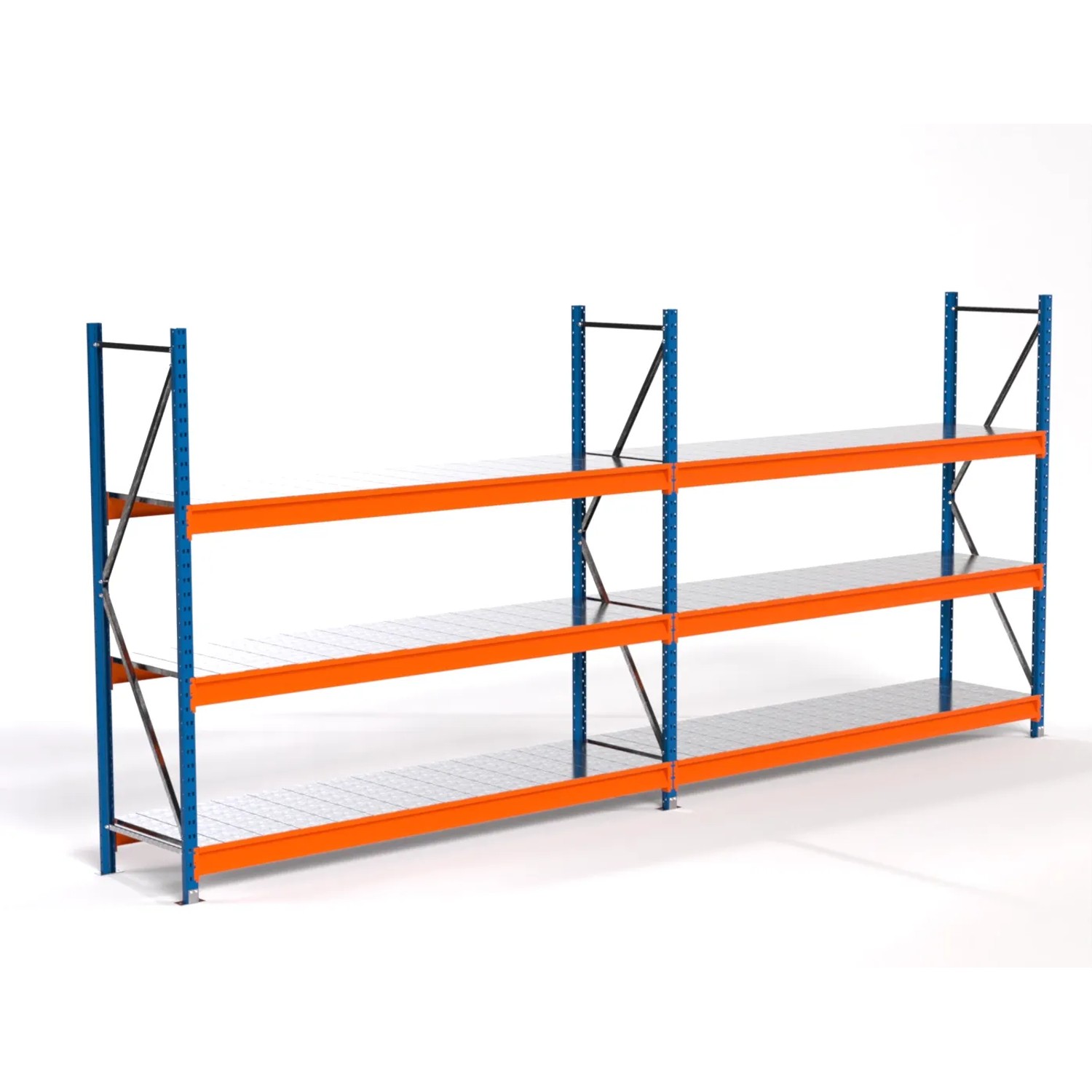 PROREGAL Industrie Weitspannregal Lagerregal MAXIMUS PRO Komplettregal 2 Felder HxBxT 200x450x60cm 3 Stahlplatten-Fachboden Fachlast 610kg Blau/Orange