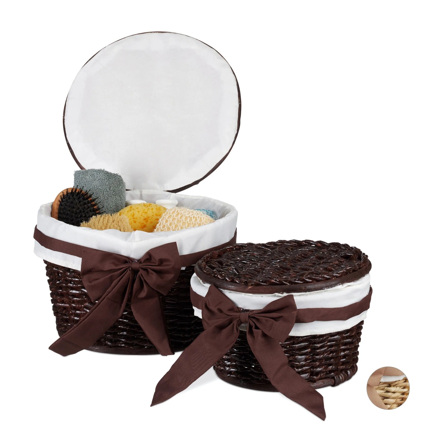 Relaxdays Badkörbchen 2er Set Buri-Holz Schokobraun Mit Klappdeckel Stapelbar 17 cm x 26 cm und 22 cm x 31 cm 1,2 kg